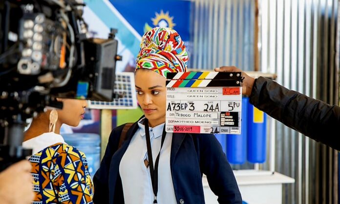 Production scene from Netflix's Queen Sono, starring South African actress Pearl Thusi