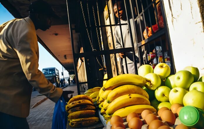 Johannesburg, South Africa: A male customer purchasing fruits at a spaza shop.