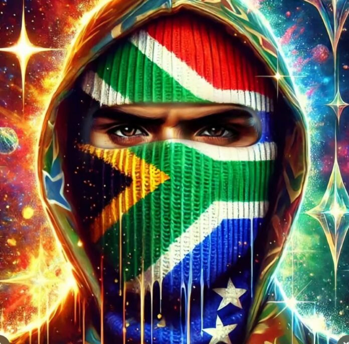 Chris Brown' Johannesburg tour promotional photo, he's wearing a balaclava hat wrapped in a South African flag