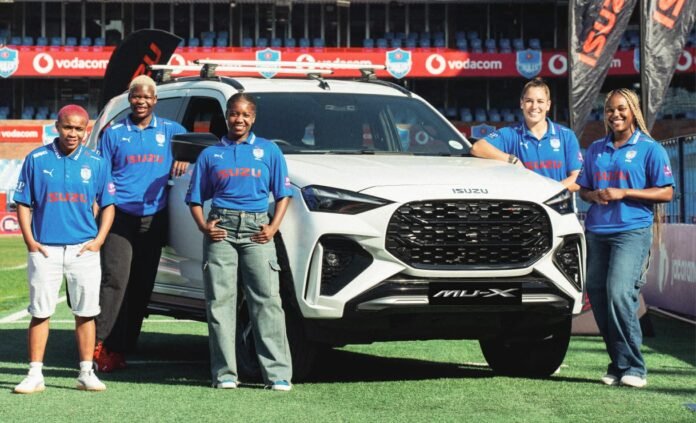 Bulls Daisies players pose with ISUZU MU-X SUV at Loftus Stadium