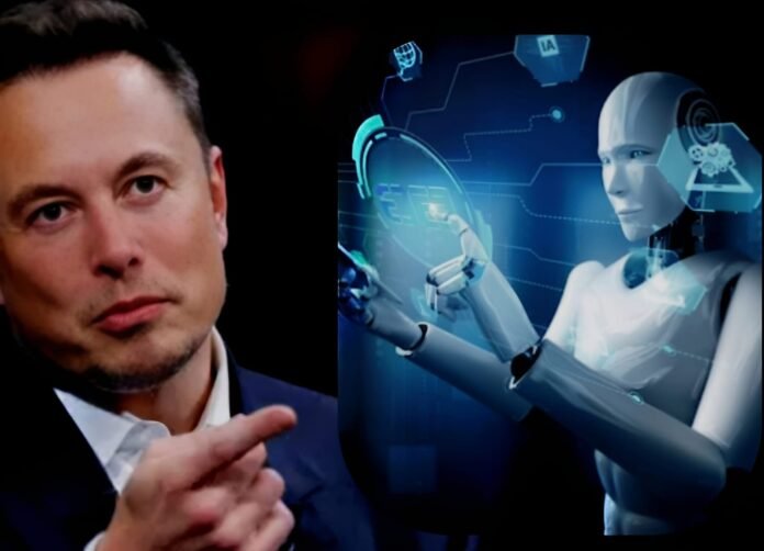 Elon Musk and AI robot with digital interface.