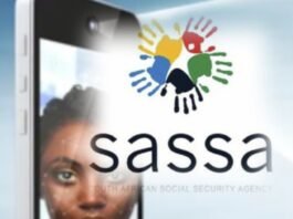 Why SASSA suddenly asked you to verify you are alive Smartphone scanning a woman’s face for SASSA biometric verification, overlaid with the SASSA handprint logo.