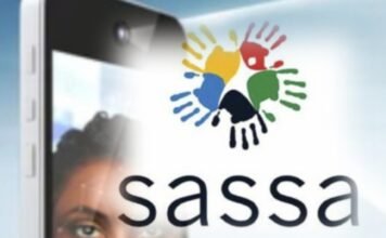 Why SASSA suddenly asked you to verify you are alive Smartphone scanning a woman’s face for SASSA biometric verification, overlaid with the SASSA handprint logo.