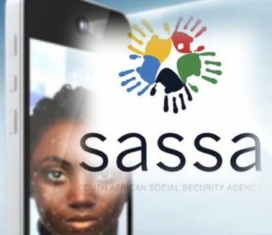 Why SASSA suddenly asked you to verify you are alive Smartphone scanning a woman’s face for SASSA biometric verification, overlaid with the SASSA handprint logo.
