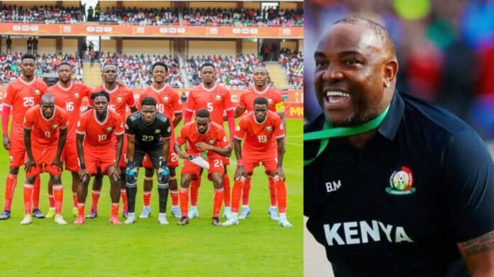 Kenya team and coach Benni McCarthy celebrating CHAN win.