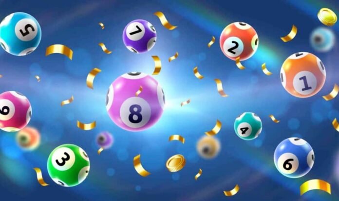 Colorful lottery balls floating with confetti and coins
