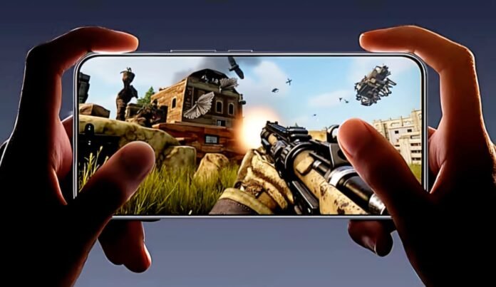 Hands holdingan HONOR 400 PRO displaying a detailed first-person shooter game scene.