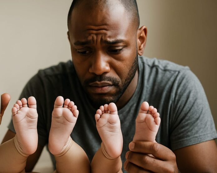 African father holding twin babies’ feet after court rules sperm donor must pay support.