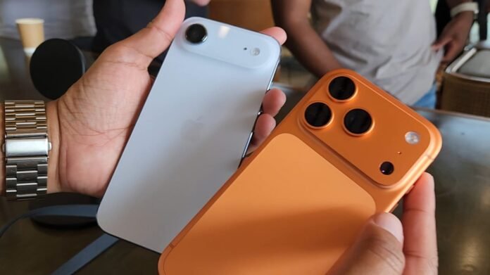 Cosmic blue iPhone Air and orange iPhone 17 Pro Max back panels side by side