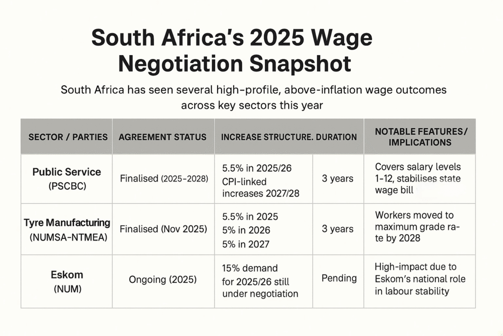 Infographic comparing 2025 wage negotiations in three sectors: public service, tyre manufacturing, and Eskom.