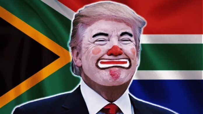 Digitally manipulated Donald Trump image in clown makeup against the South African flag.