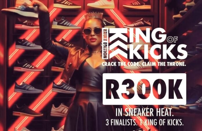 Woman posing in neon-lit sneaker vault for King of Kicks R300k campaign.