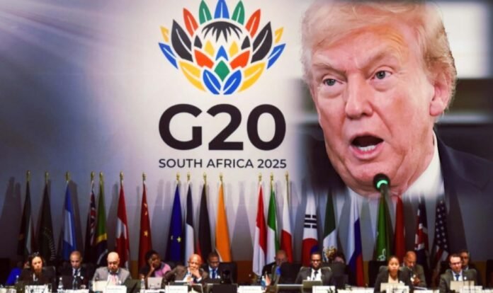 Donald Trump speaking with the G20 South Africa 2025 logo and international delegates in the background