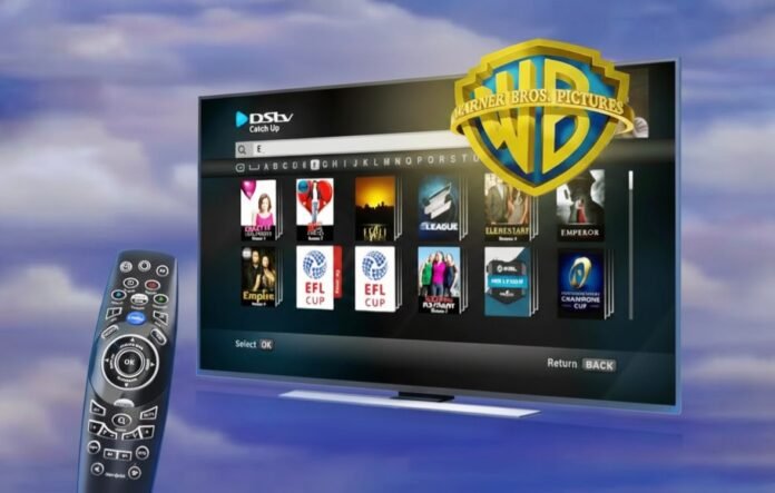 DStv interface with remote and Warner Bros. logo indicating channel cuts.