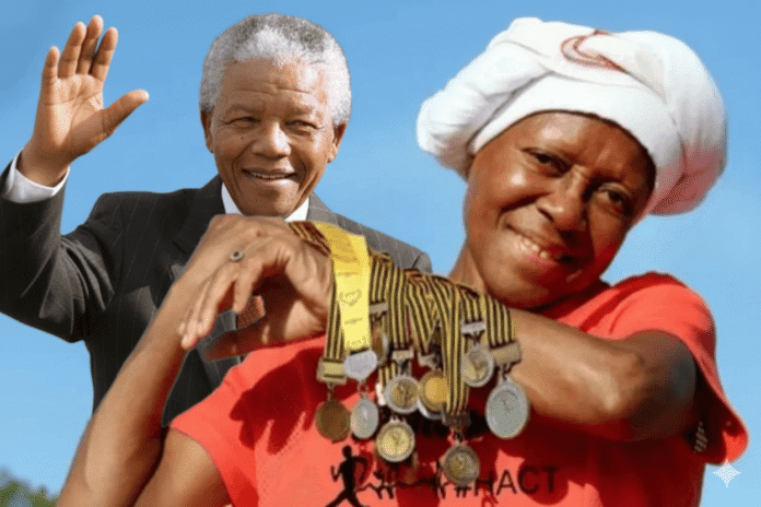 Blanche Moila with medals as Mandela Walk & Run ambassador.