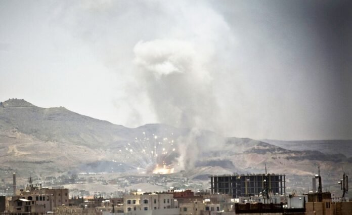 Saudi airstrike explosion in Hadramout, Yemen.