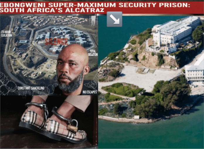 Graphic comparing eBongweni Super-Max prison and Alcatraz, highlighting extreme isolation.