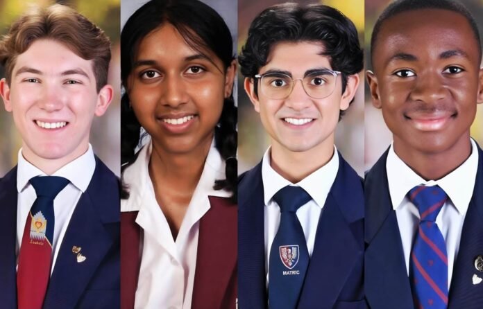 Collage of 2025 top IEB students: Luca van Tonder, Jenhara Rooplall, Ruhan Gosai and Siza Gule.