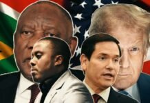 Nuclear Sovereignty: Pretoria’s Answer to the ‘Trump Corollary’? South Africa–US diplomatic tensions montage with Trump, Ramaphosa, Clayton Monyela and Marco Rubio.