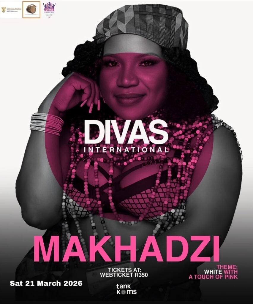 Promotional poster for DIVAS INTERNATIONAL Music Festival featuring Makhadzi, with magenta highlights, event date March 21, 2026, and ticket info.