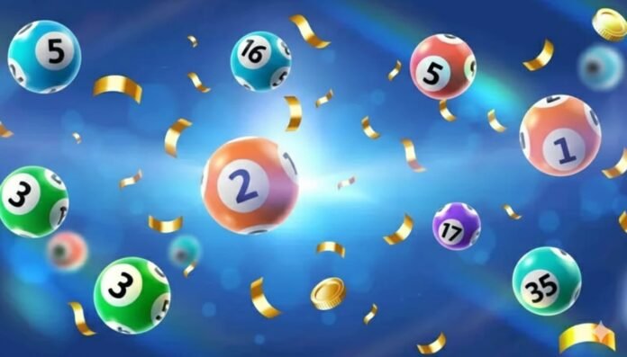 Vibrant digital art of colorful 3D lottery balls featuring the winning numbers 2, 3, 16, 17, 35, and 5 (PowerBall Bonus), surrounded by falling gold confetti and coins on a glowing blue background.