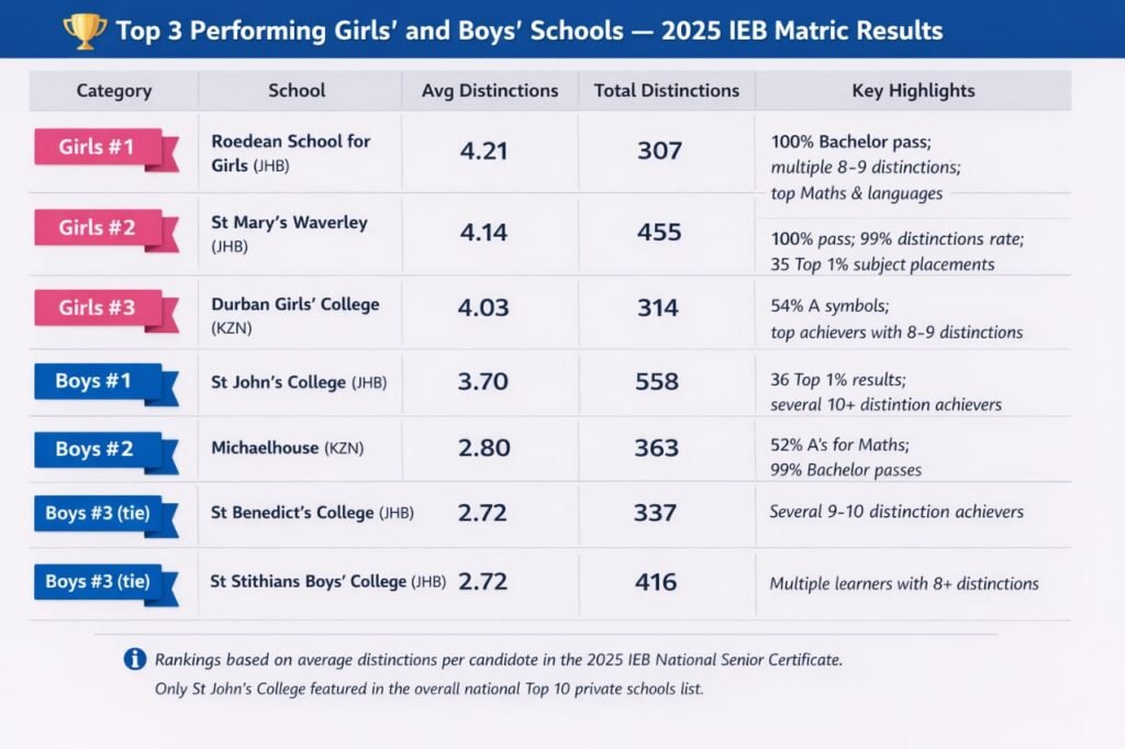 Infographic: Top 3 performing girls’ and boys’ schools in the 2025 IEB matric results — ranked by average distinctions, total distinctions and national subject excellence.