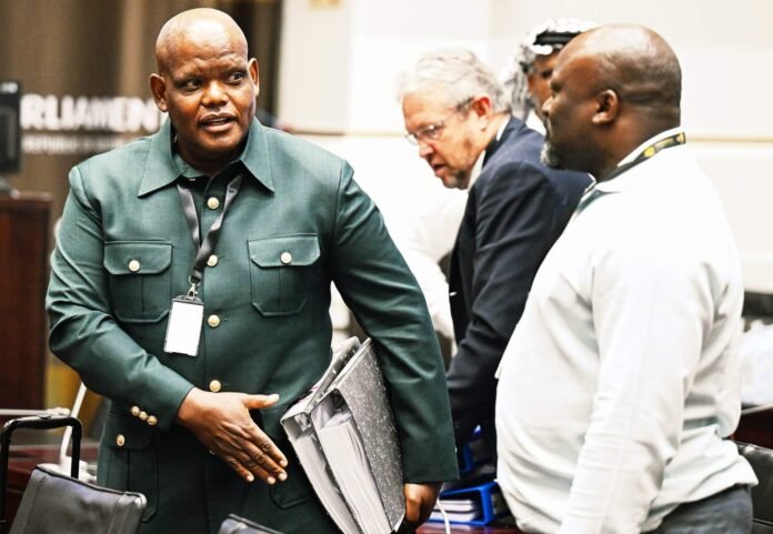 Khomotso Phahlane wearing a green safari suit and holding a large file while gesturing during a parliamentary hearing in Cape Town.