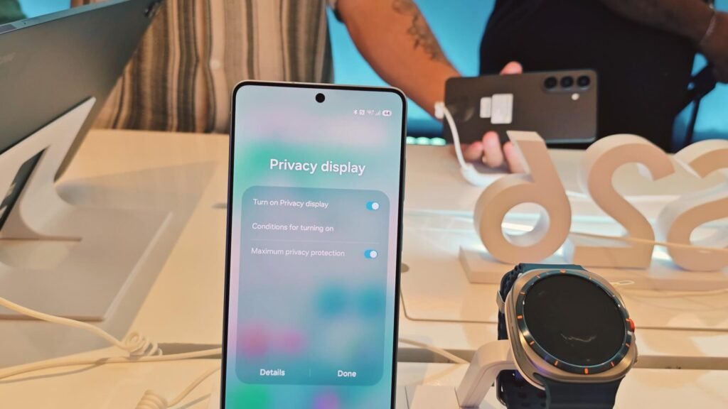 Samsung Galaxy S26 Ultra showing Privacy Display settings at the global Galaxy Unpacked South Africa event.