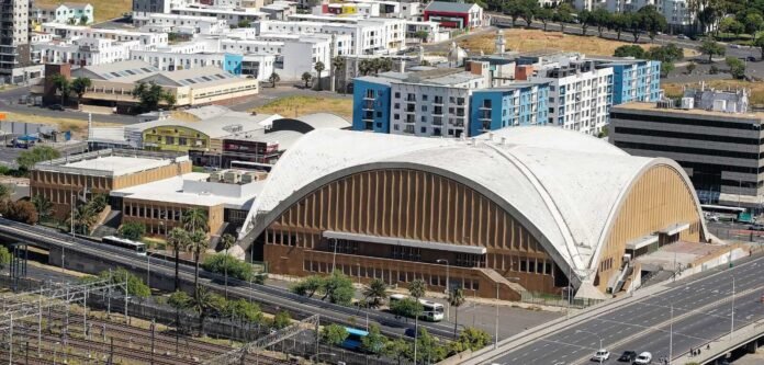 Aerial view of Cape Town’s Good Hope Centre on the Foreshore, the landmark dome building at the centre of a legal dispute over the City’s public land auction.