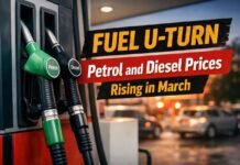 Fuel U-turn: Bad news for petrol and diesel drivers in March Petrol and diesel pump nozzles with headline overlay “FUEL U-TURN: Petrol and Diesel Prices Rising in March” at a South African filling station.