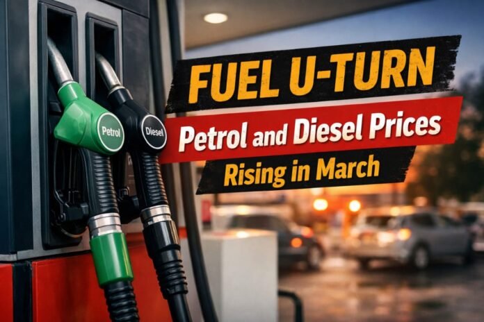 Petrol and diesel pump nozzles with headline overlay “FUEL U-TURN: Petrol and Diesel Prices Rising in March” at a South African filling station.