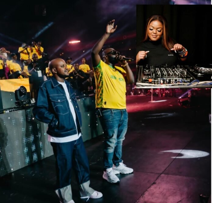Collage of South African DJs Kabza De Small and DJ Maphorisa (Scorpion Kings) with DBN Gogo performing behind a DJ mixer, stage lights and crowd visible.