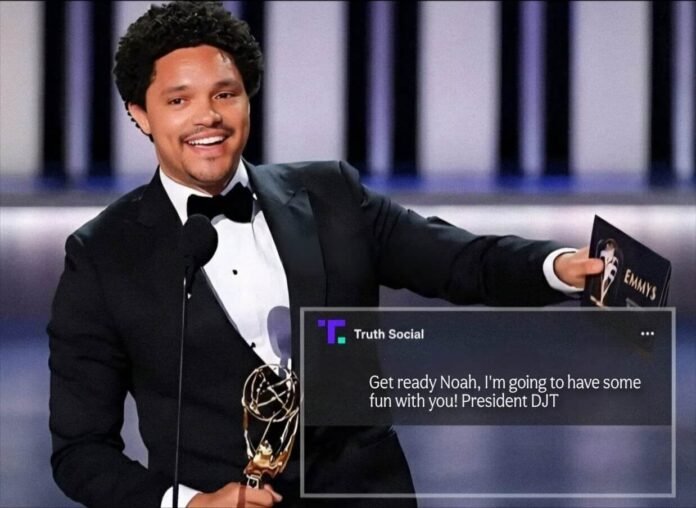 Trevor Noah 2026 Grammys hosting photo with an overlay of Donald Trump's Truth Social post threatening a lawsuit over the monologue jokes.