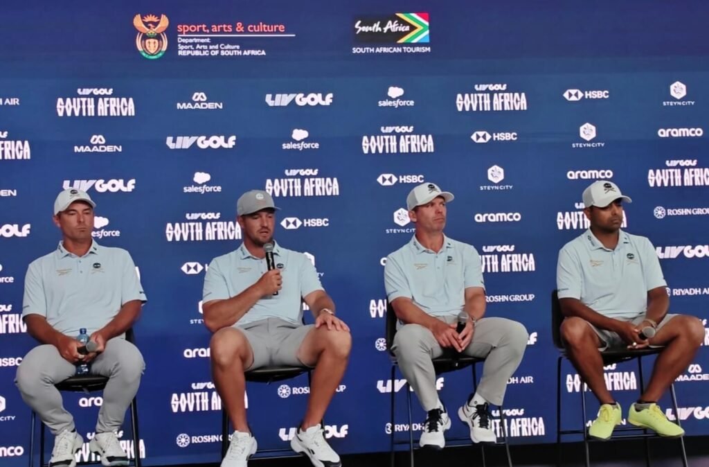 Bryson DeChambeau speaking at the LIV Golf South Africa pre-tournament press conference in Johannesburg.