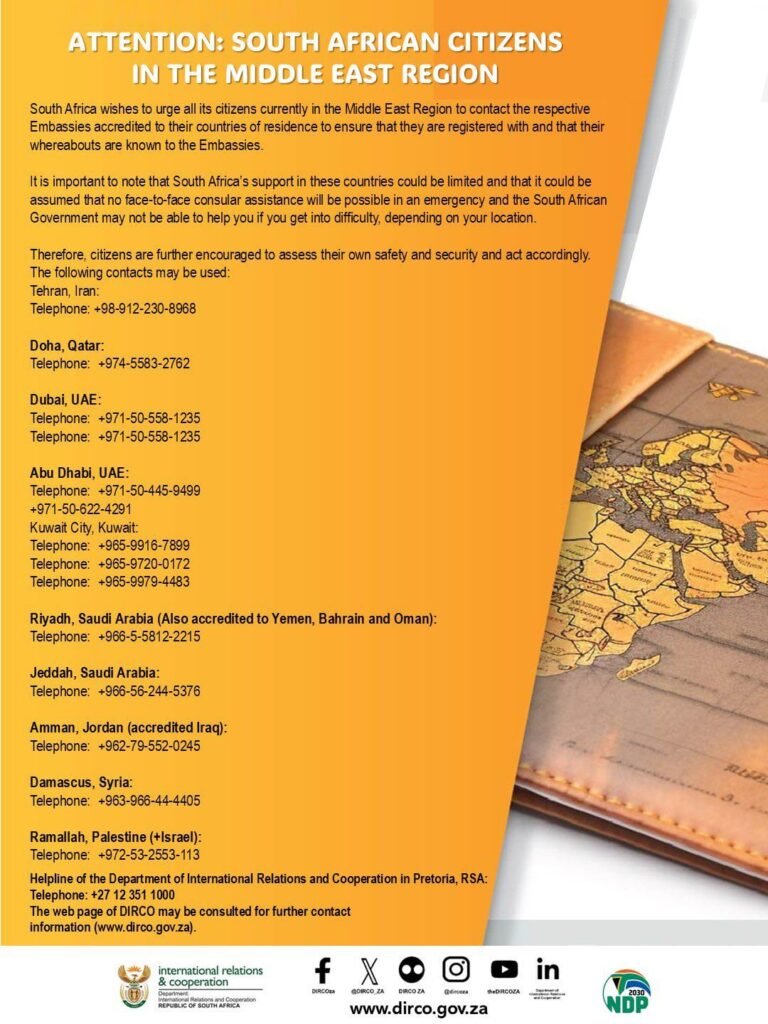 Official DIRCO notice listing emergency embassy contact numbers for South Africans in the Middle East amid regional travel disruptions.