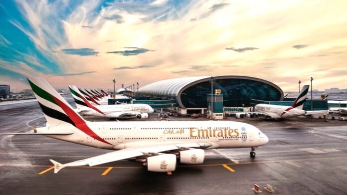 Emirates A380 aircraft parked at Dubai International Airport Terminal 3 gates under a clear blue sky.