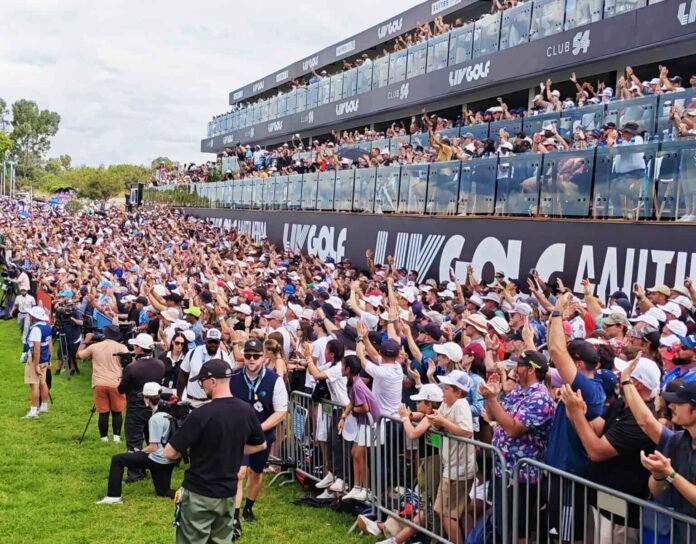 Massive sold-out crowds and hospitality suites at the 18th hole during LIV Golf South Africa at Steyn City.
