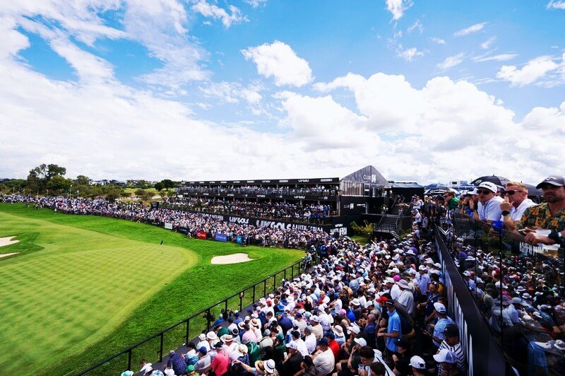 Large crowd surrounds the 18th green at LIV Golf South Africa at Steyn City, highlighting the event’s high attendance and vibrant atmosphere.