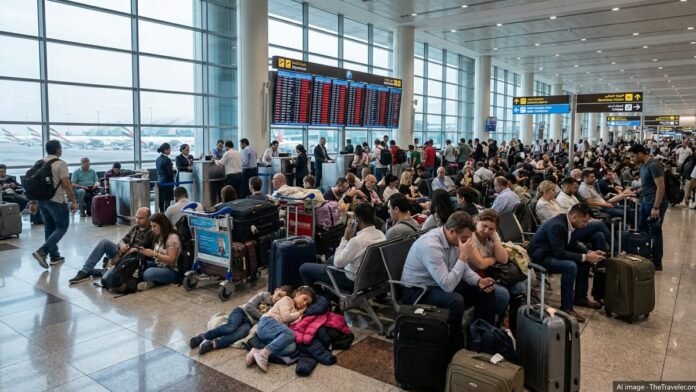 Crowded airport terminal with stranded passengers and luggage waiting as flight cancellations disrupt travel in the Middle East.