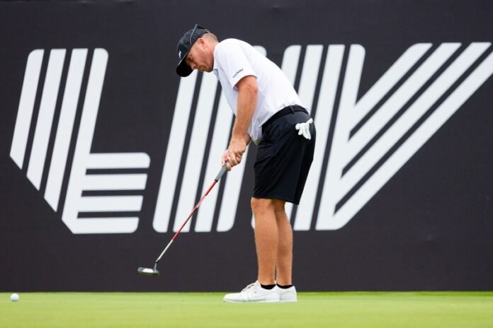 Talor Gooch of Smash GC lining up a putt on the 18th green during a practice round at LIV Golf Hong Kong 2026 at Hong Kong Golf Club Fanling.