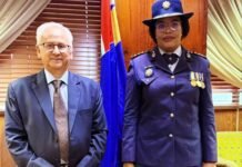 President appoints acting police commissioner as Masemola faces PFMA charges over R360m tender Firoz Cachalia and Acting SAPS National Commissioner Puleng Dimpane stand side by side in formal attire in front of a South African flag.