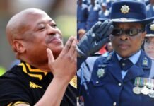 Kaizer Chiefs boss Bobby Motaung linked to R5m SAPS payoff claims Split image of Bobby Motaung in Kaizer Chiefs attire and Daphney Manamela in SAPS uniform saluting at an official event.