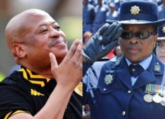 Kaizer Chiefs boss Bobby Motaung linked to R5m SAPS payoff claims Split image of Bobby Motaung in Kaizer Chiefs attire and Daphney Manamela in SAPS uniform saluting at an official event.