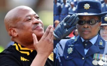 Kaizer Chiefs boss Bobby Motaung linked to R5m SAPS payoff claims Split image of Bobby Motaung in Kaizer Chiefs attire and Daphney Manamela in SAPS uniform saluting at an official event.