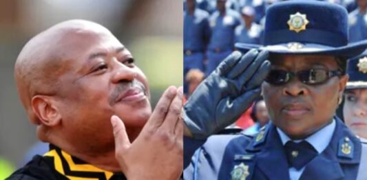 Kaizer Chiefs boss Bobby Motaung linked to R5m SAPS payoff claims Split image of Bobby Motaung in Kaizer Chiefs attire and Daphney Manamela in SAPS uniform saluting at an official event.
