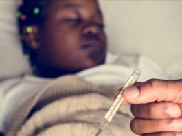 Health advisory issued as Gauteng malaria outbreak claims 11 lives Person holding thermometer with sick child lying in bed in background showing fever symptoms.