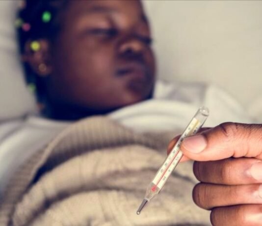 Health advisory issued as Gauteng malaria outbreak claims 11 lives Person holding thermometer with sick child lying in bed in background showing fever symptoms.