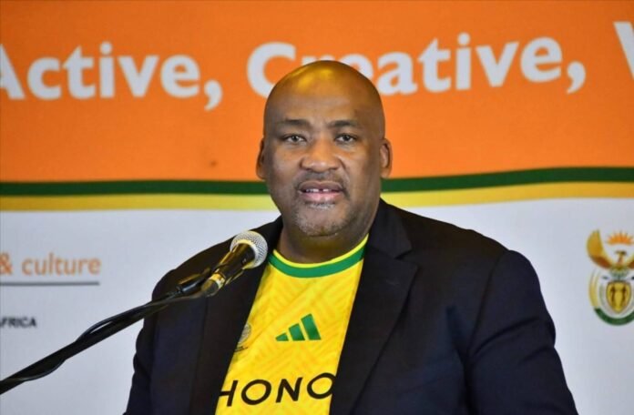 Minister Gayton McKenzie speaking at a Department of Sport, Arts and Culture media briefing in Pretoria.