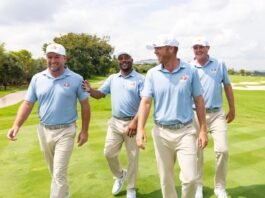 LIV Golf Smash GC rebrands to OKGC, following South Africa’s lead OKGC golfers Graeme McDowell, Harold Varner III, Talor Gooch and Jason Kokrak walk together laughing on a green fairway in matching uniforms.