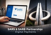 SARS and Reserve Bank partner to launch instant payment system for South Africans Hand using SARS eFiling on a laptop next to SARB logo, showing a real-time payments partnership in South Africa.